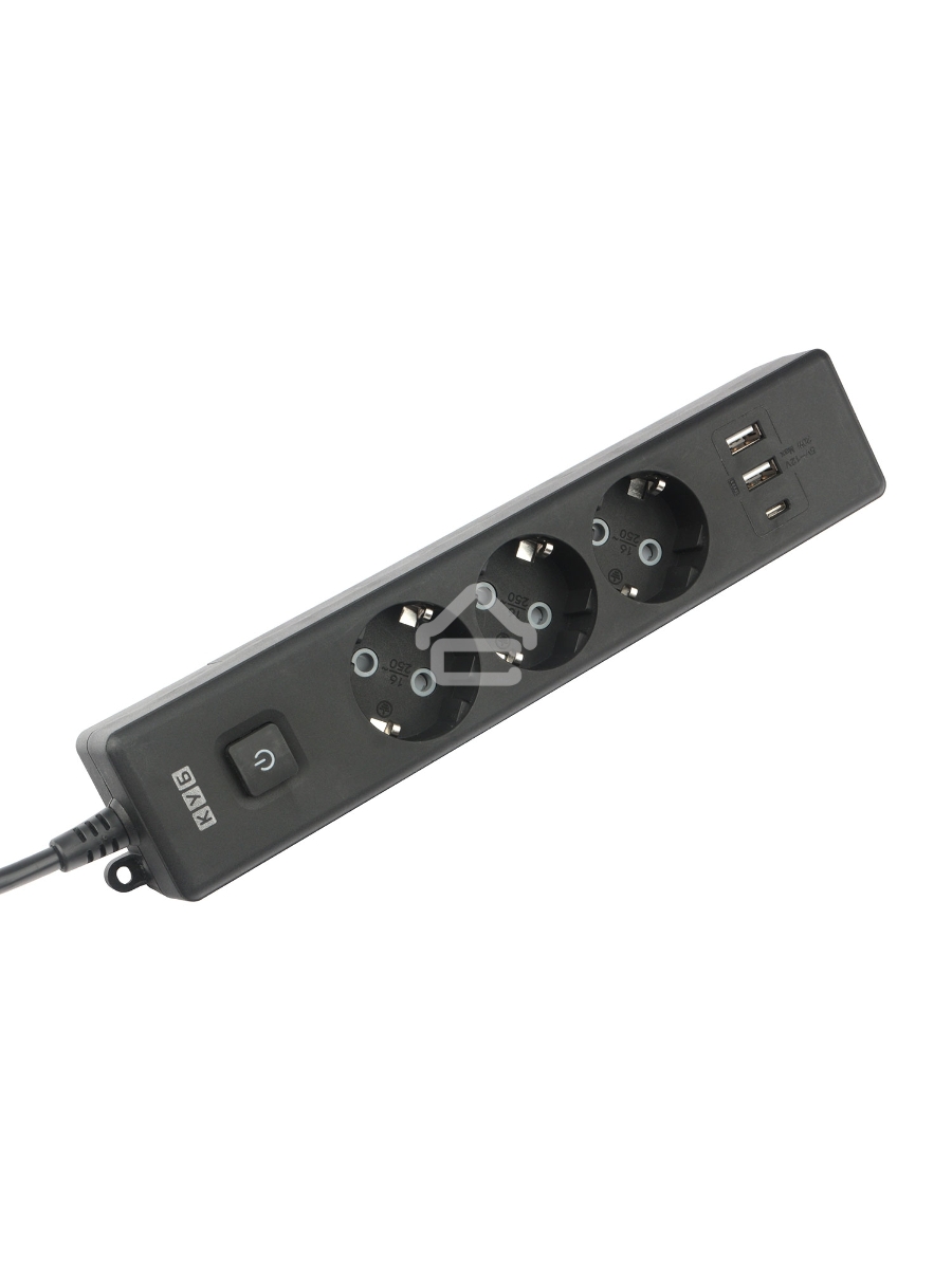 Бытовой удлинитель PowerCube, 3р с/з вык.,3USB, 3500 Вт, 16А, 1.9 м, 3*1,0 (черный) PC-6B-2M