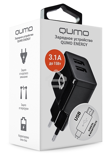 Сетевое зарядное устройство Qumo Energy (Charger 0062), 2 USB, 3.1A, Micro USB cable, черный