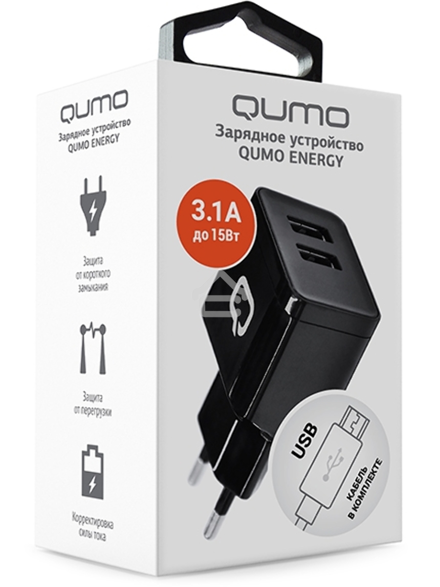 Сетевое зарядное устройство Qumo Energy (Charger 0062), 2 USB, 3.1A, Micro USB cable, черный