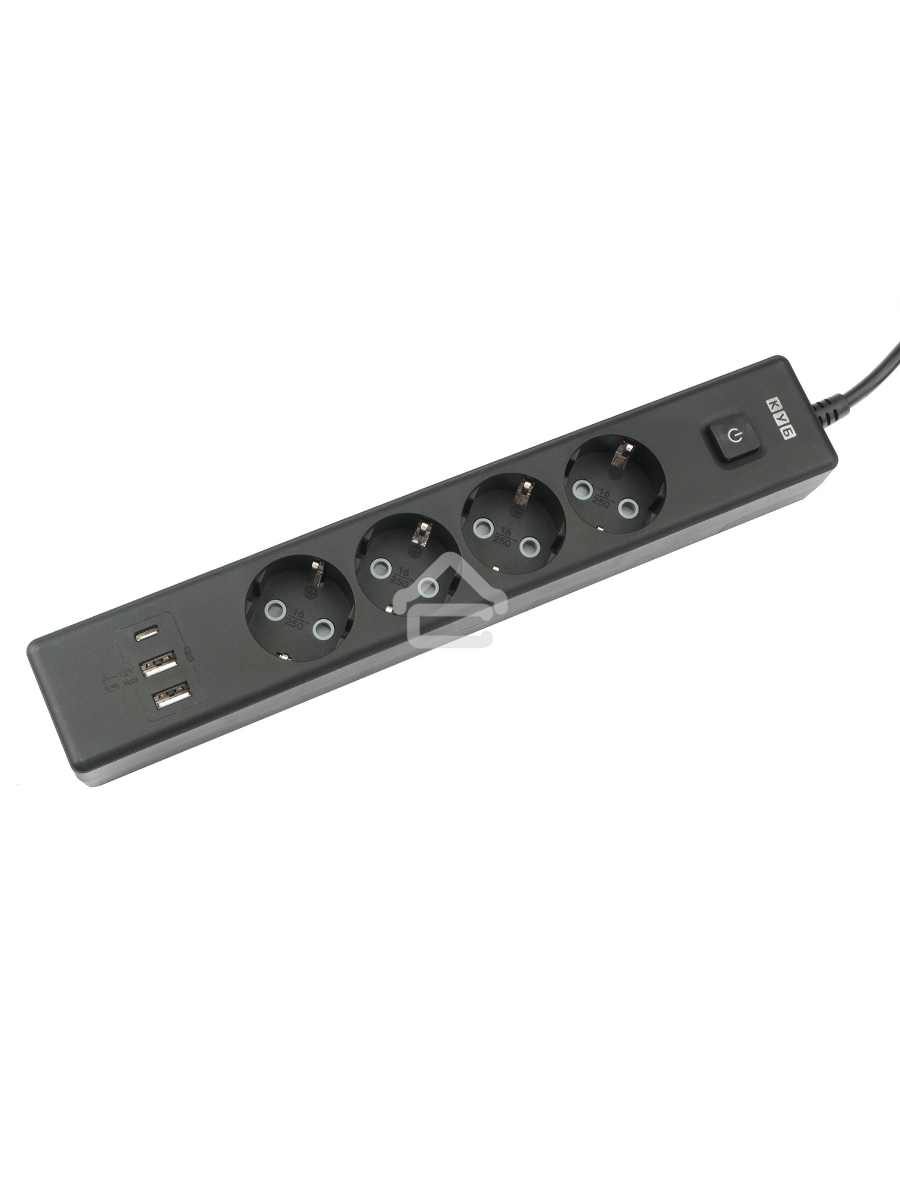 Бытовой удлинитель PowerCube, 4р с/з вык.,3USB, 3500 Вт, 16А, 1.9 м, 3*1,0 (черный) PC-7B-2M