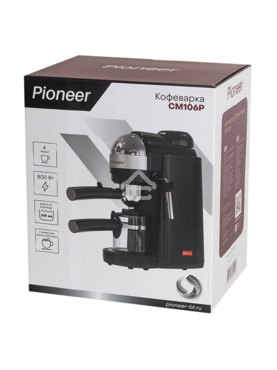 Кофеварка рожковая Pioneer CM106P черный, исп. кофе - молотый, 0.24 л, 800 Вт, 3.5 Бар.