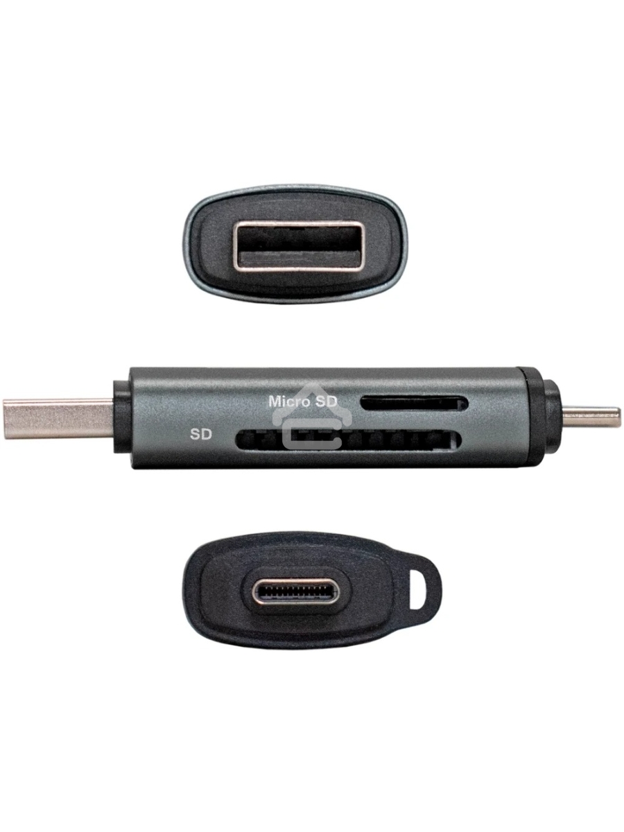 Устройство чтения/записи карт памяти ExeGate CR-201CA (кабель-адаптер USB Type-A/Type-C --> Card Reader, поддержка стандартов: SD/SDHC/MMCII/RS MMC, Micro SD/ Micro SDHC/Micro SDXC, Plug&Play, серый)