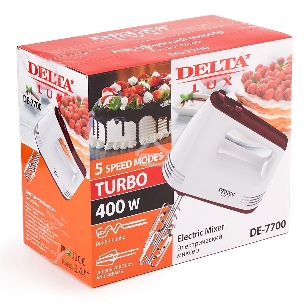 Миксер Delta LUX DE-7700 белый с бордовым : 400 Вт,4 насадки,5 скоростн.режимов,