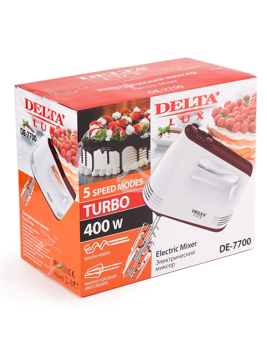 Миксер Delta LUX DE-7700 белый с бордовым : 400 Вт,4 насадки,5 скоростн.режимов,
