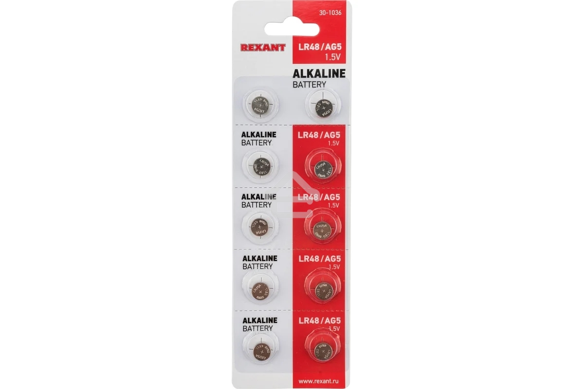 Батарейки часовые Rexant (30-1036) LR48, 1,5В, 10 шт (AG5, LR754, G5, 193, GP93A, 393, SR754W) блистер