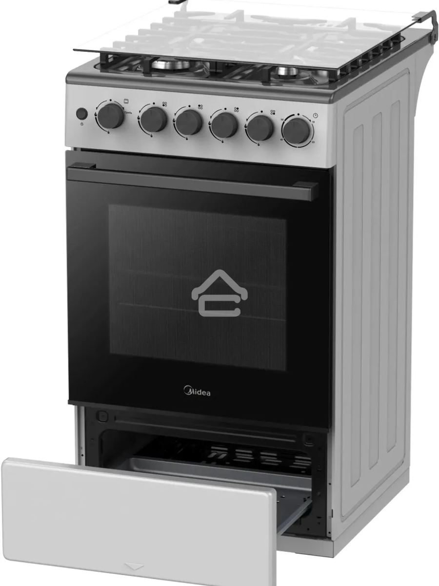Плита газовая Midea MFO-M4G20T0E(SL) серебристый/черный, конфорок 4 газовых, духовка 62 л, 49.3 см x 90 см x 55.6 см