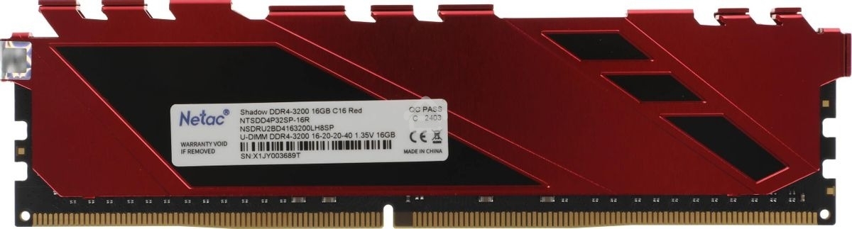 Оперативная память NETAC Shadow, DDR4, 16GB (1x16GB), 3200MHz, CL16, DIMM, с радиаторами, красный