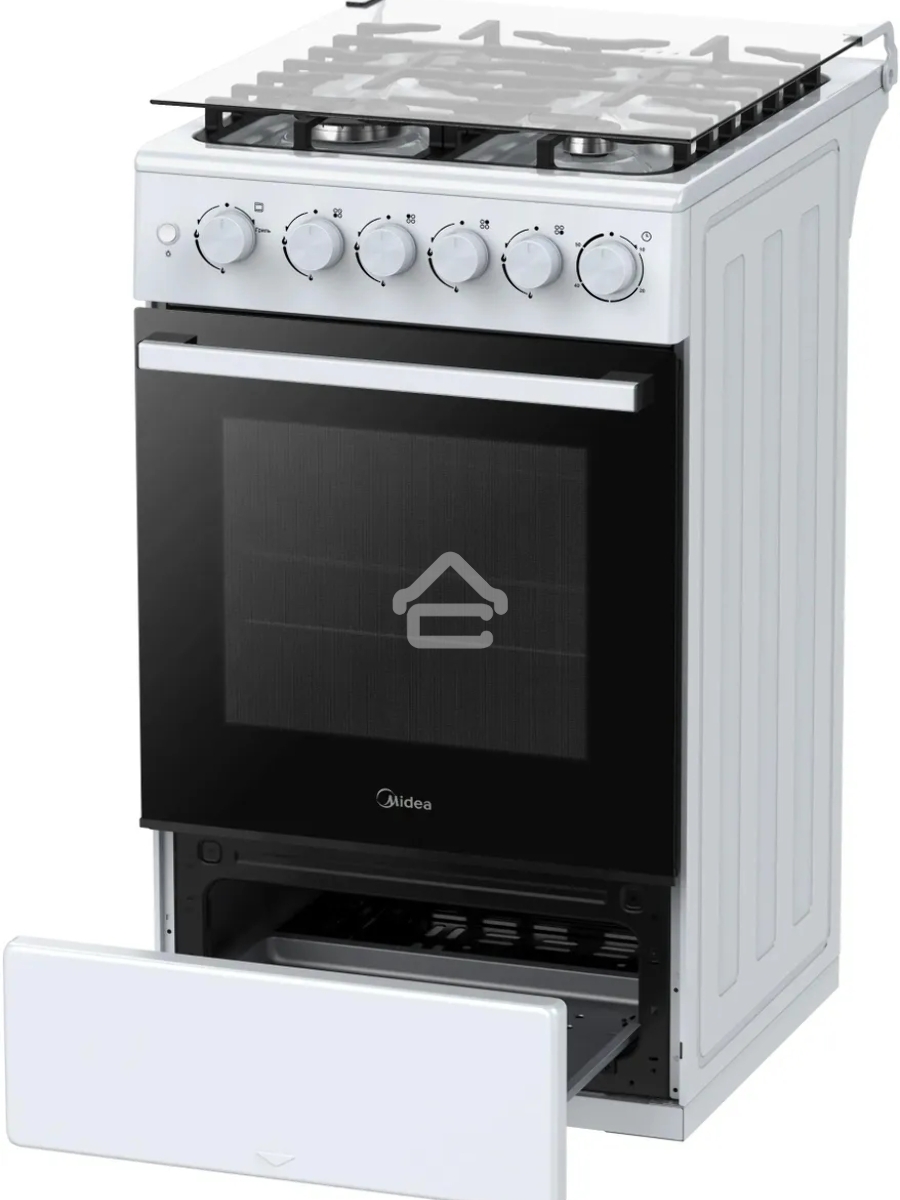 Плита газовая Midea MFO-M4G20T0E(WH) белый/черный, конфорок 4 газовых, духовка 62 л, 49.3 см x 90 см x 55.6 см