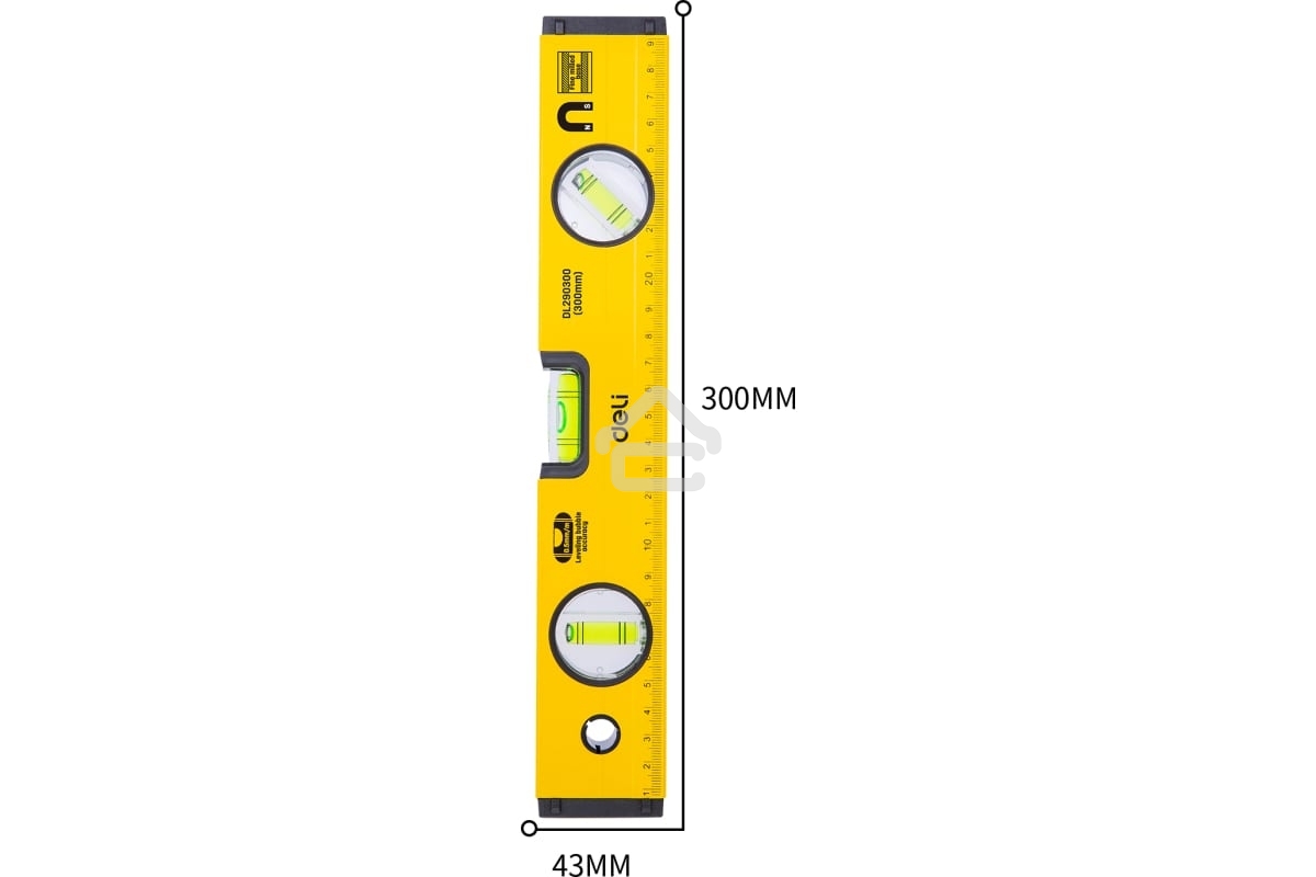 Строительный уровень Deli DL290300 300мм Алюминиевый сплав. Мягкая резина на обоих концах. Магнит для удобства эксплуатации. Измерение под углом 45°.