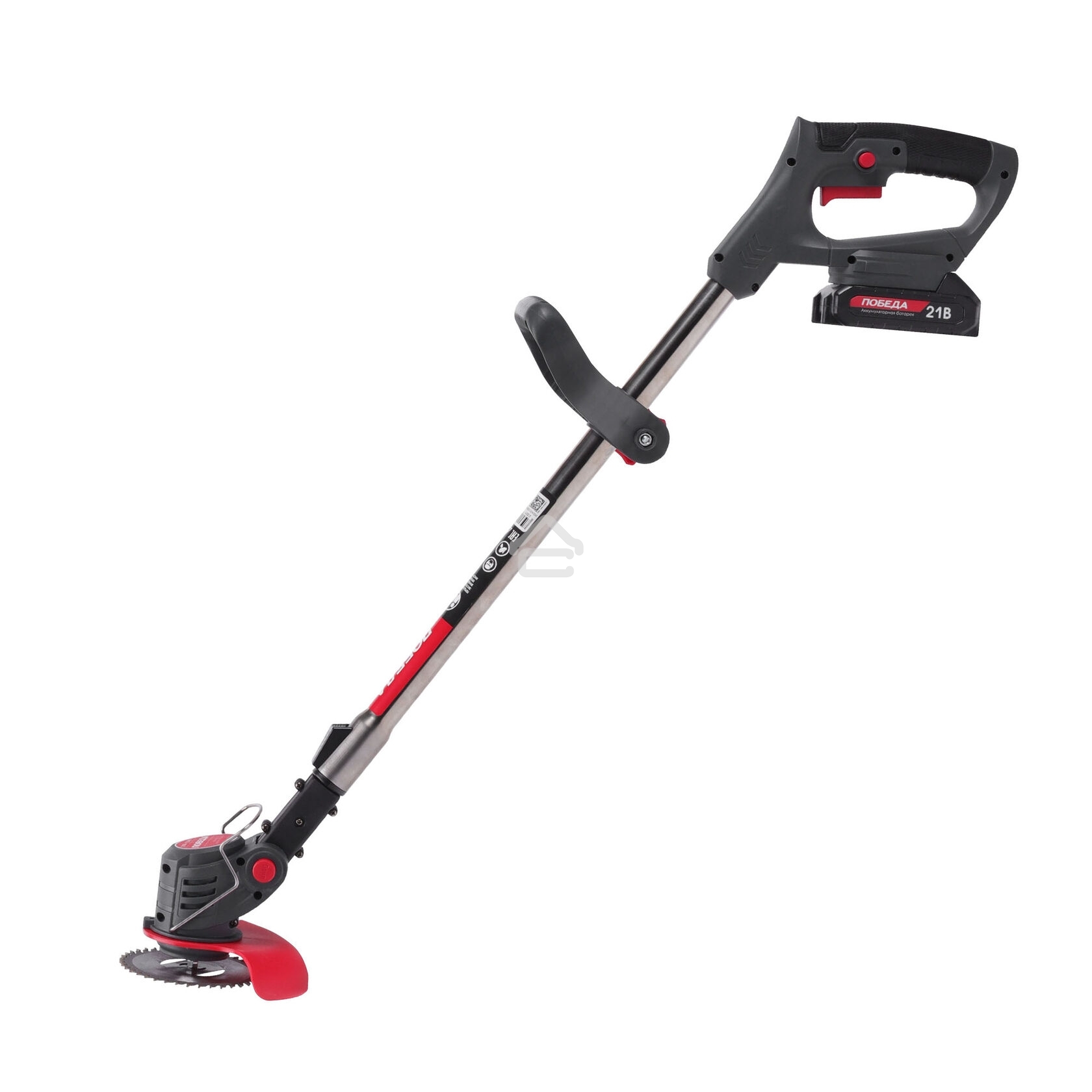 Триммер аккумуляторный Победа ТА 200, 20/21В, с 1 акб 1,5Ач и зу, макс 145мм, пластик. ножи (10шт) + мет. диск 40Т, телескоп