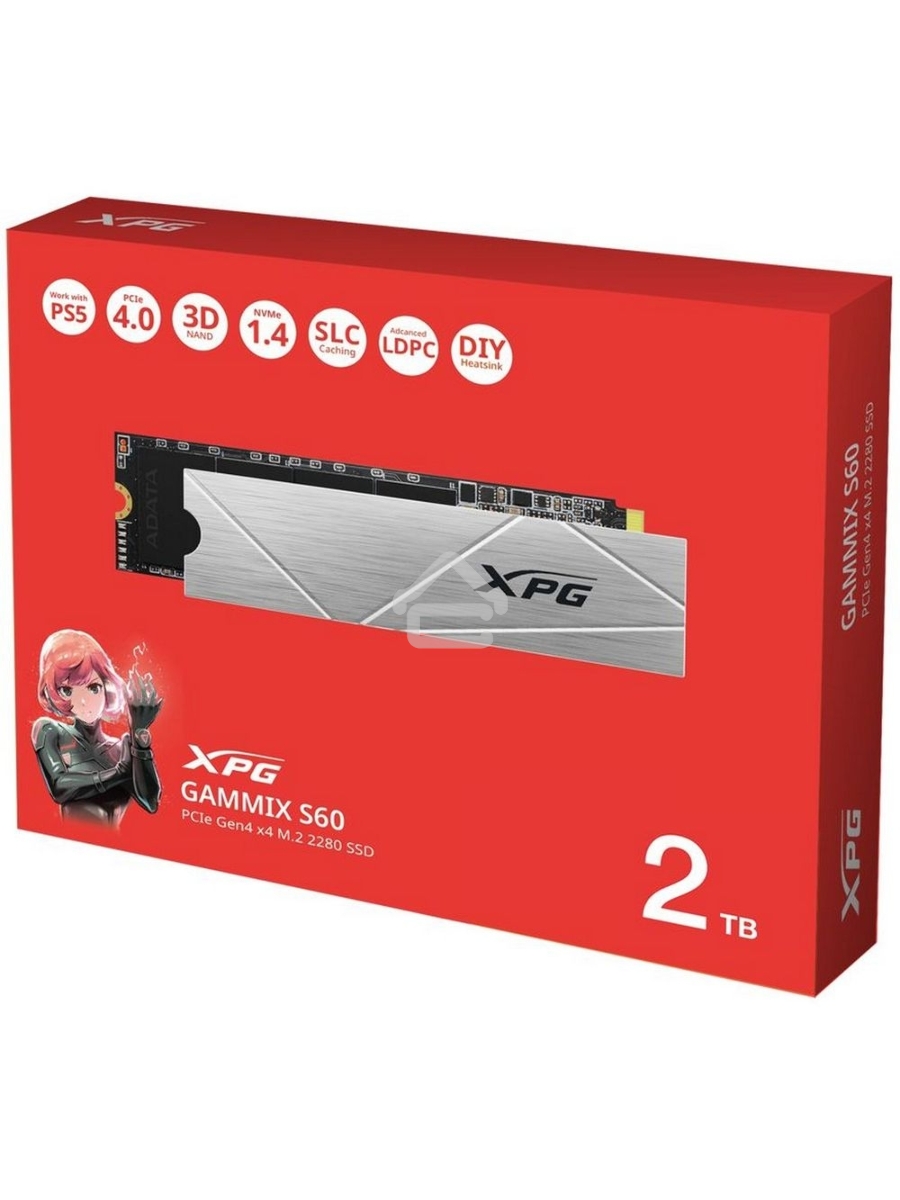 Накопитель SSD ADATA XPG GAMMIX S60, 2Tb, PCIe 4.0 x4, M.2 2280, NVMe, R/W 5000/4200, с радиатором