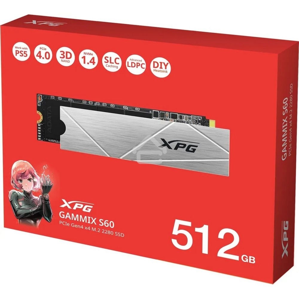 Накопитель SSD ADATA XPG GAMMIX S60, 512Gb, PCIe 4.0 x4, M.2 2280, NVMe, R/W 4700/1700, с радиатором