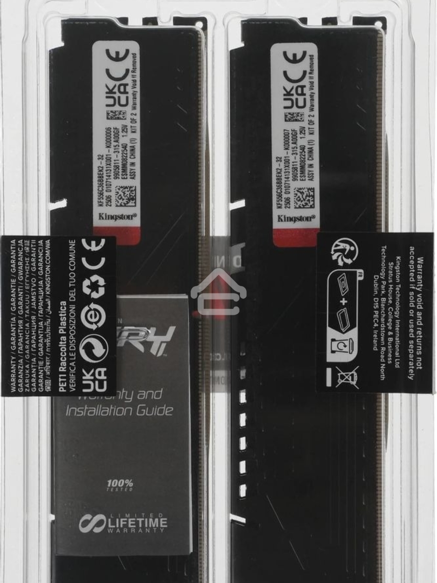 Оперативная память Kingston Fury Beast, DDR5, 32GB (2x16GB), 5600MHz, CL36, DIMM, с радиаторами, черный