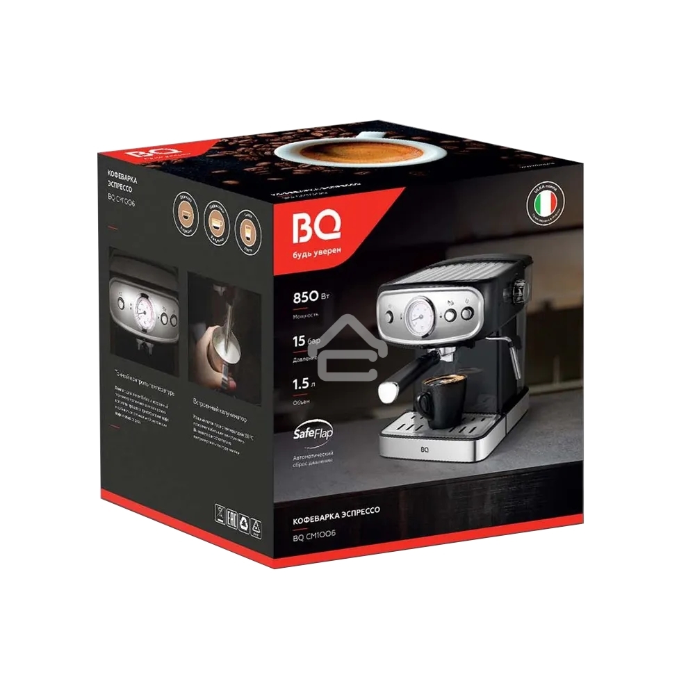 Кофеварка рожковая BQ CM1006 черный-стальной, исп. кофе - молотый, 1,5 л, 850 Вт, 15 Бар.