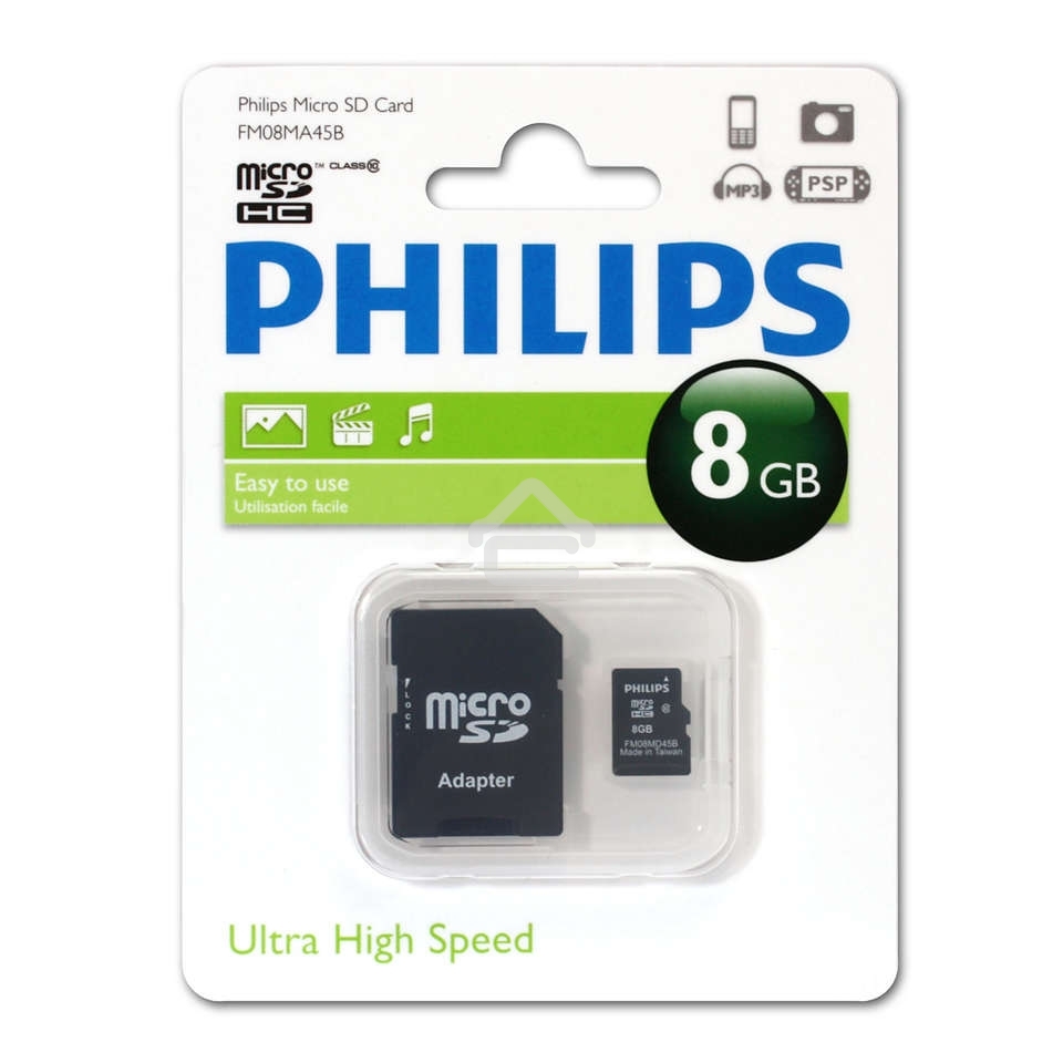 Флеш карта microSD 8Gb PHILIPS microSDHC Class 10 (SD адаптер)