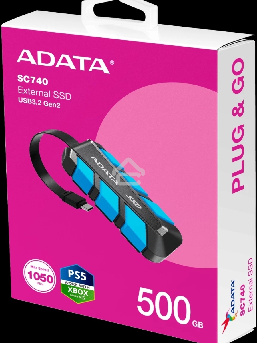 Внешний SSD ADATA SC740 чёрно-синий <SC740-500G-CBU> 500Gb (USB3.2 gen 2 type C, 1050/1000Mbs, 122x41x22mm, 40g, защита от падения, встроенный кабель)