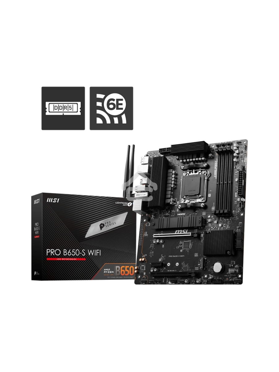 Материнская плата MSI PRO B650-S WIFI, AM5, AMD B650, 4xDDR5, 4xSATA, 2xM.2, 1xPCI-E 4.0 x16, 1xPCI-E 4.0 x4, 1xHDMI, 1xDP, 1x2.5Gb LAN, 3xUSB 3.2 Gen 1, 3xUSB 3.2 Gen 2, 6x3.5 мм, 7.1, Standard-ATX