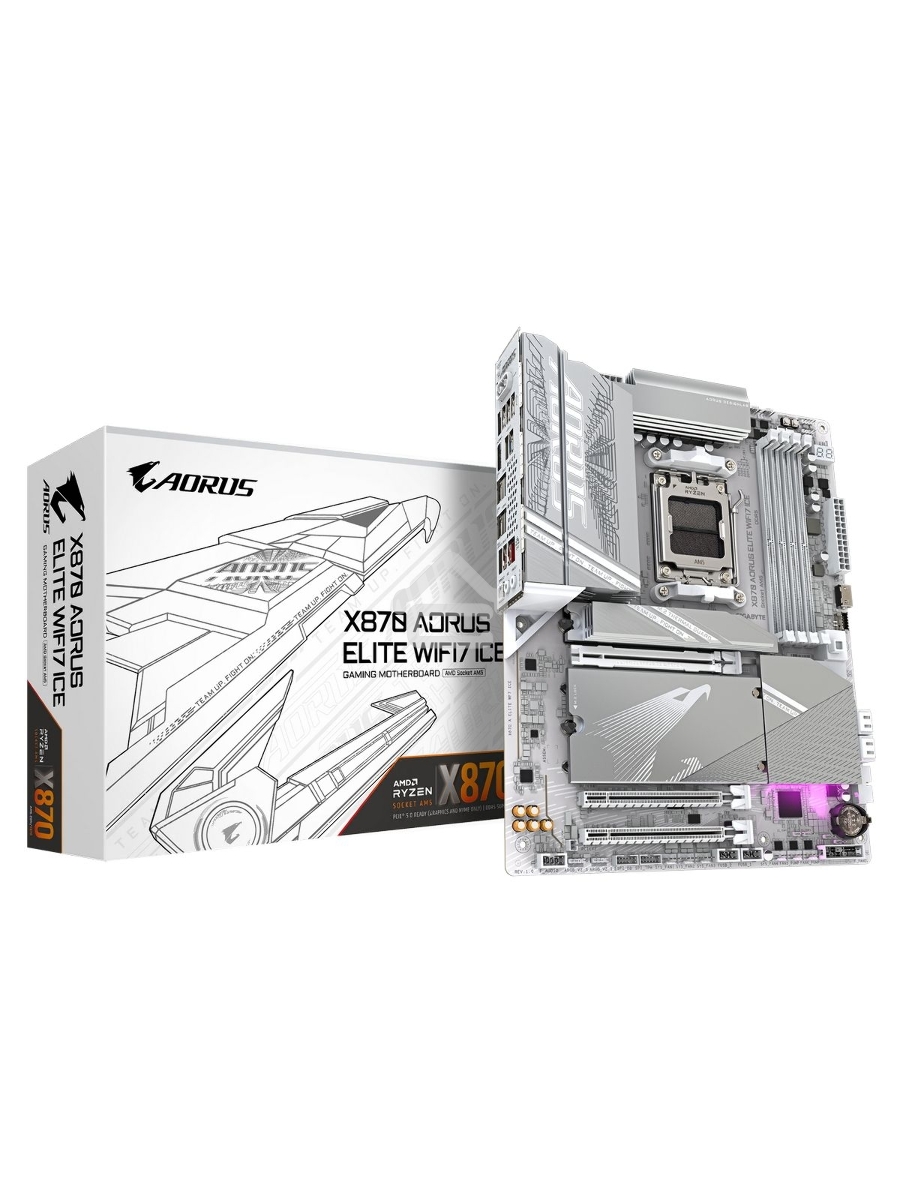 Материнская плата Gigabyte X870 AORUS ELITE WIFI7 ICE, AM5, AMD X870, 4xDDR5, 4xSATA, 4xM.2, 1xPCI-E 5.0 x16, 1xPCI-E 4.0 x4, 1xPCI-E 3.0 x2, 1xHDMI, 1x 2.5Gb LAN, 2xUSB-C 4.0, 2xUSB 3.2 Gen 2, 4xUSB 3.2 Gen 1, 4xUSB 2.0, 2x3.5 мм, 7.1, ATX