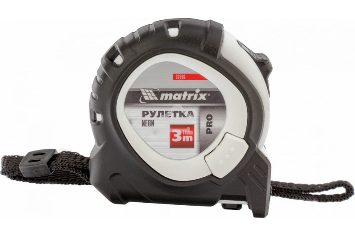 Рулетка Matrix Neon, 3 м x 16 мм, обрезиненный корпус, 3 фиксации, PRO