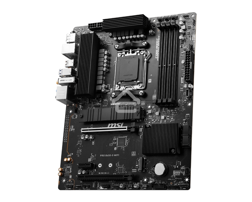 Материнская плата MSI PRO B650-S WIFI, AM5, AMD B650, 4xDDR5, 4xSATA, 2xM.2, 1xPCI-E 4.0 x16, 1xPCI-E 4.0 x4, 1xHDMI, 1xDP, 1x2.5Gb LAN, 3xUSB 3.2 Gen 1, 3xUSB 3.2 Gen 2, 6x3.5 мм, 7.1, Standard-ATX