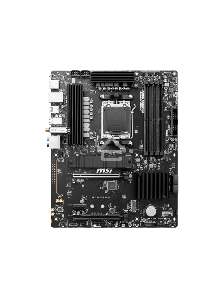 Материнская плата MSI PRO B650-S WIFI, AM5, AMD B650, 4xDDR5, 4xSATA, 2xM.2, 1xPCI-E 4.0 x16, 1xPCI-E 4.0 x4, 1xHDMI, 1xDP, 1x2.5Gb LAN, 3xUSB 3.2 Gen 1, 3xUSB 3.2 Gen 2, 6x3.5 мм, 7.1, Standard-ATX