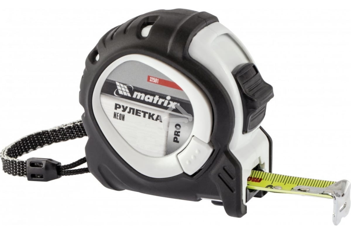 Рулетка Matrix Neon, 5 м x 19 мм, обрезиненный корпус, 3 фиксации, PRO