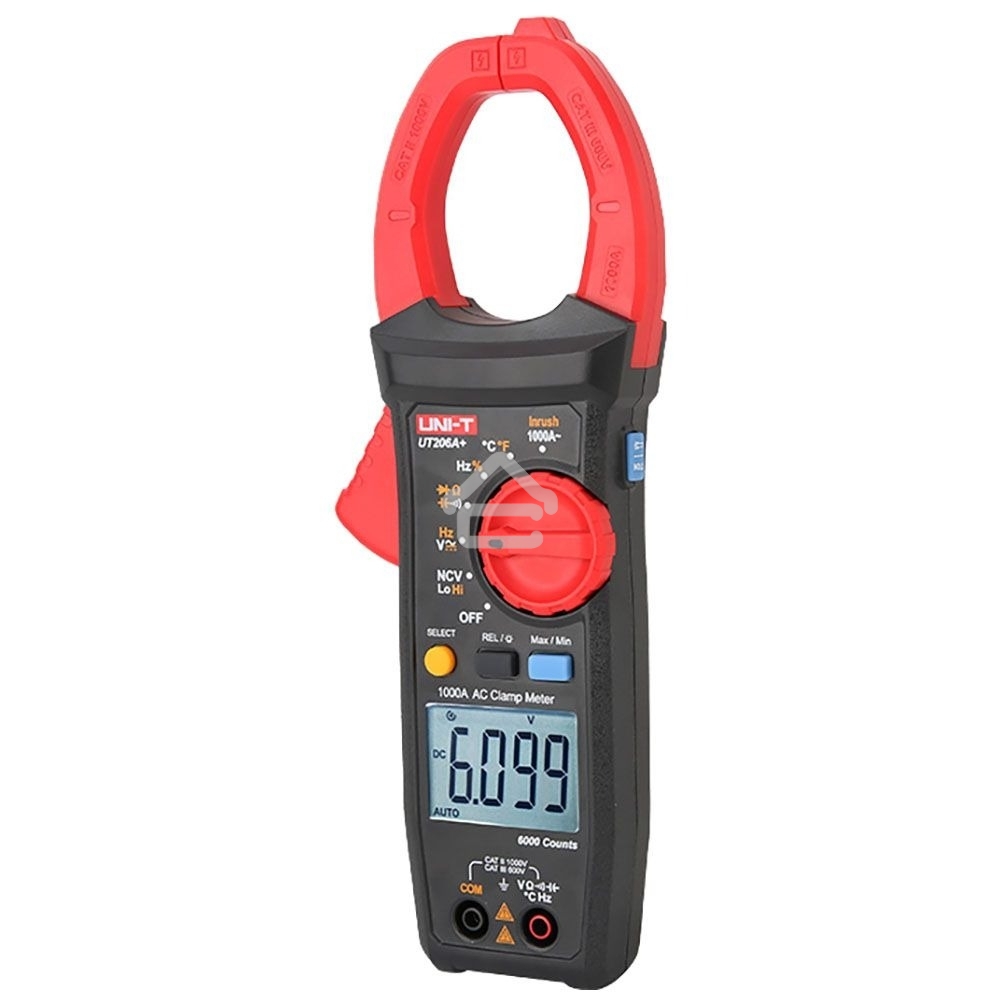 Токоизмерительные клещи UT205A+ Напряжение постоянного/переменного тока (1000 В); переменный ток (1000А); Сопротивление (40 МОм); Емкость (40 мФ); Частота (10 МГц); Отверстие челюсти 42 мм