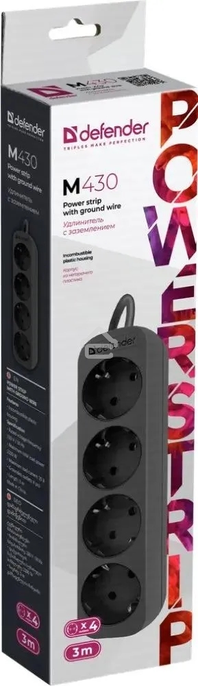 Удлинитель Defender M430 черный, 3 м, EURO, 4 розетки, 2200 Вт