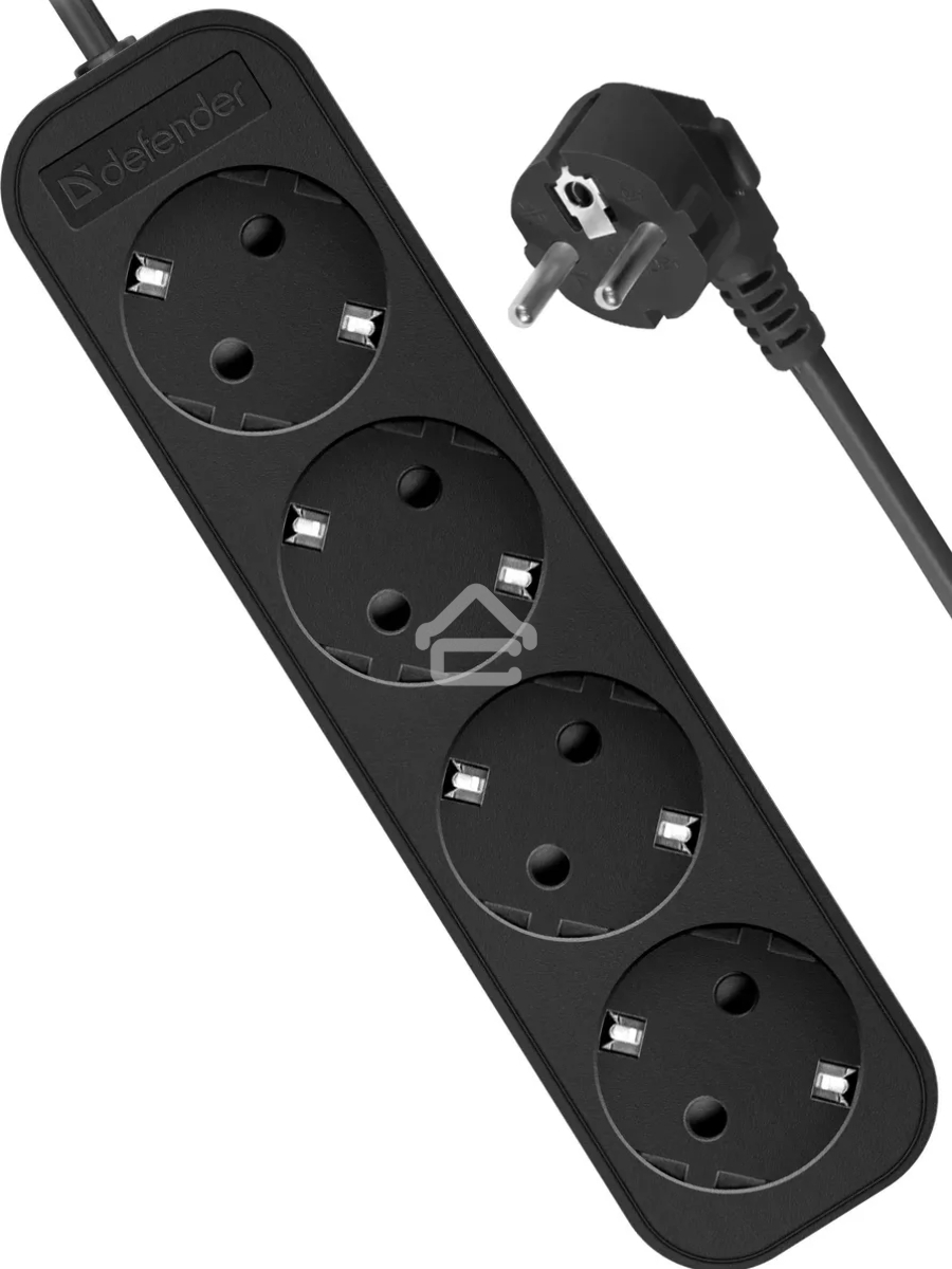 Удлинитель Defender M450 чёрный, 5 м, EURO, 4 розетки, 2200 Вт