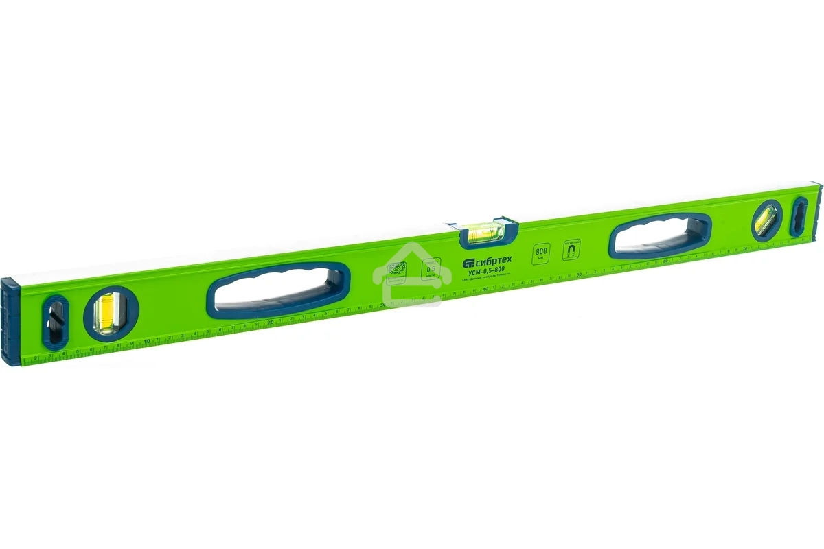 Уровень Сибртех алюминиевый УСМ-0,5-800, фрезерованный, 3 глазка, магнитный, рукоятки, 800 мм
