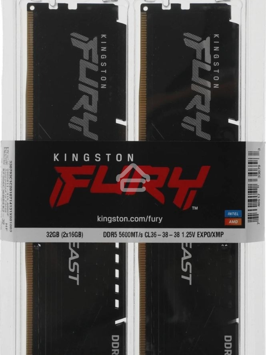 Оперативная память Kingston Fury Beast, DDR5, 32GB (2x16GB), 5600MHz, CL36, DIMM, с радиаторами, черный