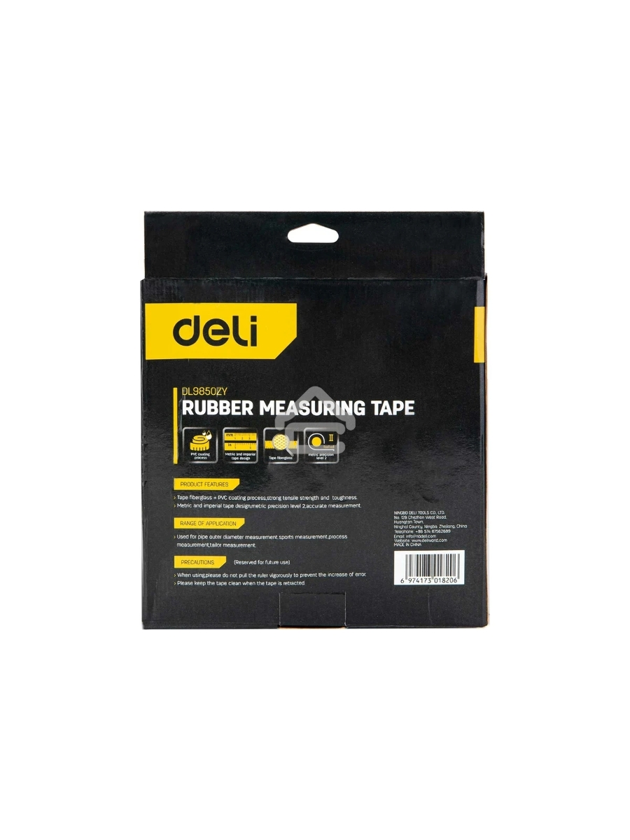 Мерная лента Deli DL9850ZY 50м x 14.5мм Ударопрочный корпус. Основной класс точности. Метрическое полотно из стекловолокна и ПВХ.