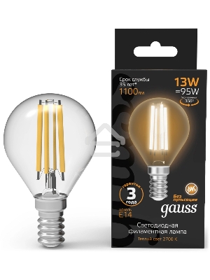 Лампа филам. Gauss Filament 13Вт цок.:E14 шар св.свеч.бел.теп. (упак.:10шт) (105801113)