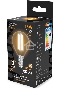 Лампа филам. Gauss Filament 13Вт цок.:E14 шар св.свеч.бел.теп. (упак.:10шт) (105801113)