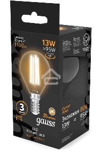 Лампа филам. Gauss Filament 13Вт цок.:E14 шар св.свеч.бел.теп. (упак.:10шт) (105801113)