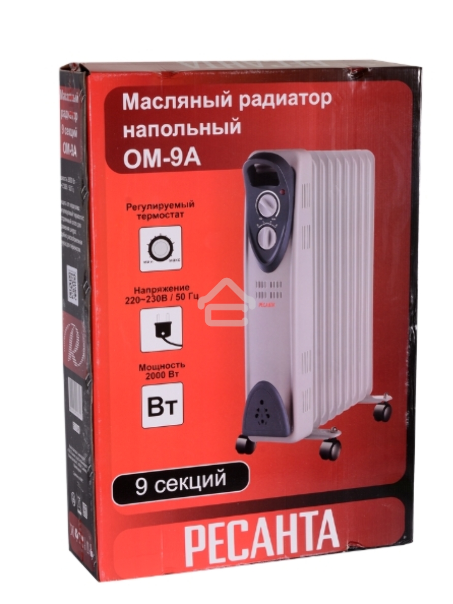 Масляный обогреватель Ресанта ОМ-9А (9 секций), белый, 2000 Вт, 20 м2, термостат 67/3/16