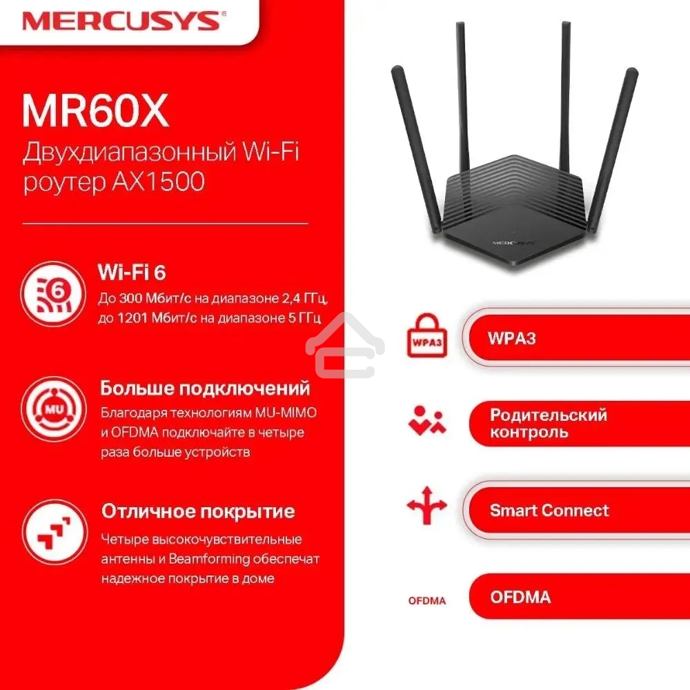Двухдиапазонный Wi-Fi роутер Mercusys MR60X AX1500
