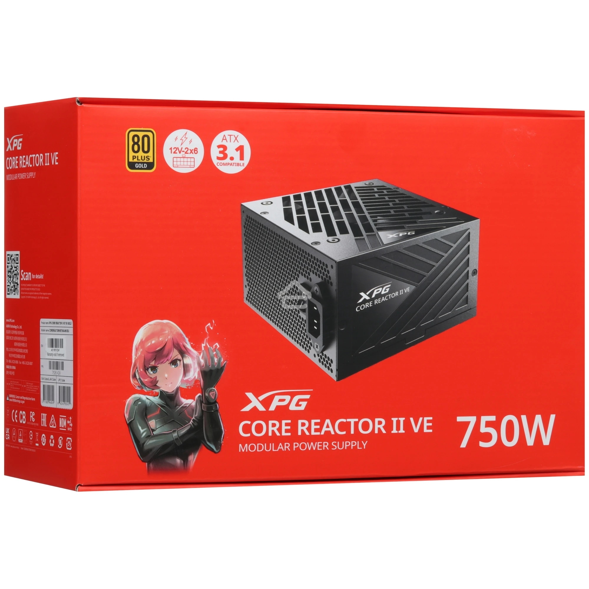 Блок питания ADATA COREREACTORIIVE750G-BKCEU, 750Вт, 80 PLUS Gold, 120мм, модульный, черный