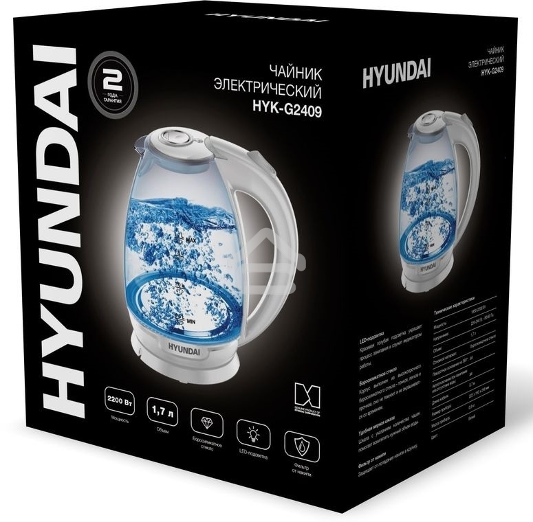 Чайник электрический Hyundai HYK-G2409 1.7 л, 2200 Вт, белый/серебристый (корпус: стекло)