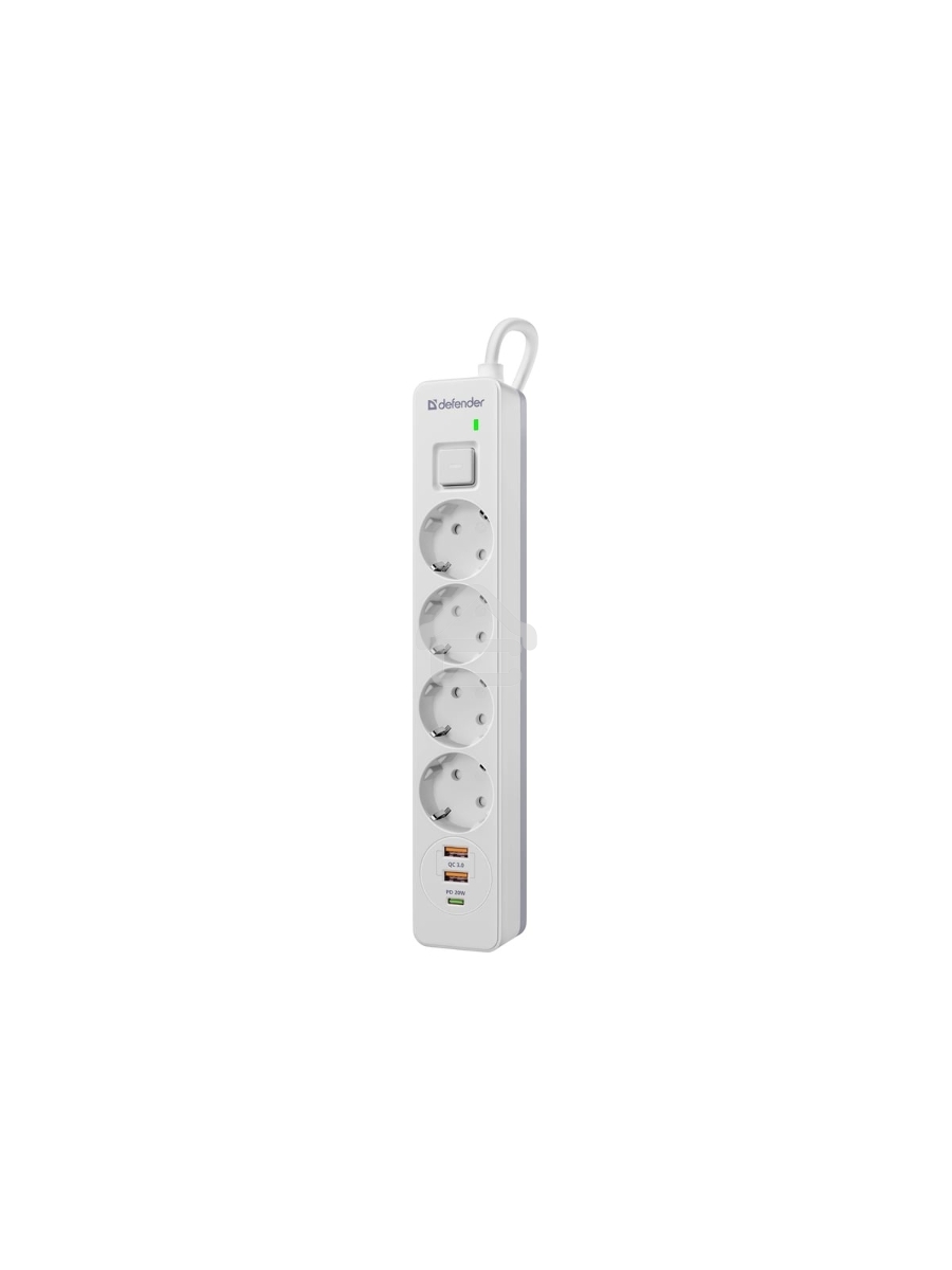 Удлинитель с сетевым фильтром Defender DFS 141, белый, 4розетки, USB+TypeC, 1.5 м.
