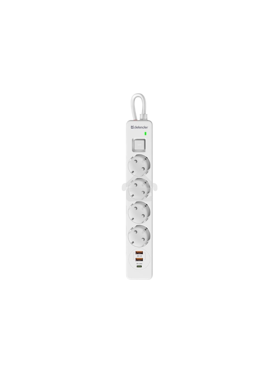 Удлинитель с сетевым фильтром Defender DFS 141, белый, 4розетки, USB+TypeC, 1.5 м.