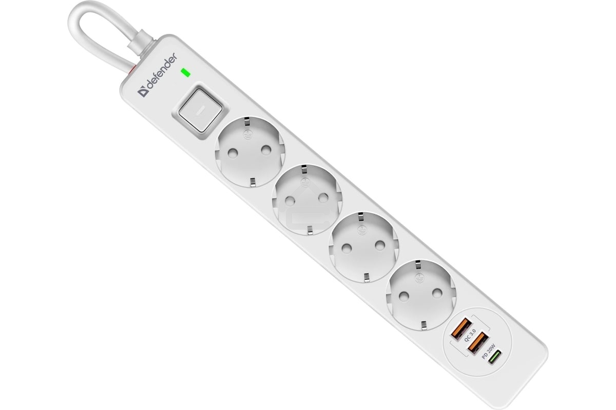 Удлинитель с сетевым фильтром Defender DFS 141, белый, 4розетки, USB+TypeC, 1.5 м.