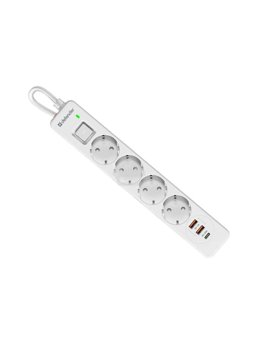 Удлинитель с сетевым фильтром Defender DFS 141, белый, 4розетки, USB+TypeC, 1.5 м.