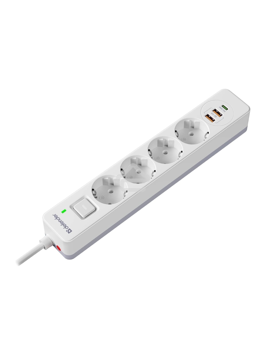 Удлинитель с сетевым фильтром Defender DFS 141, белый, 4розетки, USB+TypeC, 1.5 м.