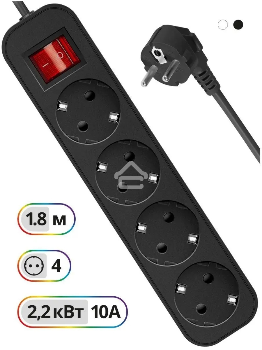 Удлинитель Defender G418 чёрный, 1.8 м, EURO, 4 розетки, 2200 Вт