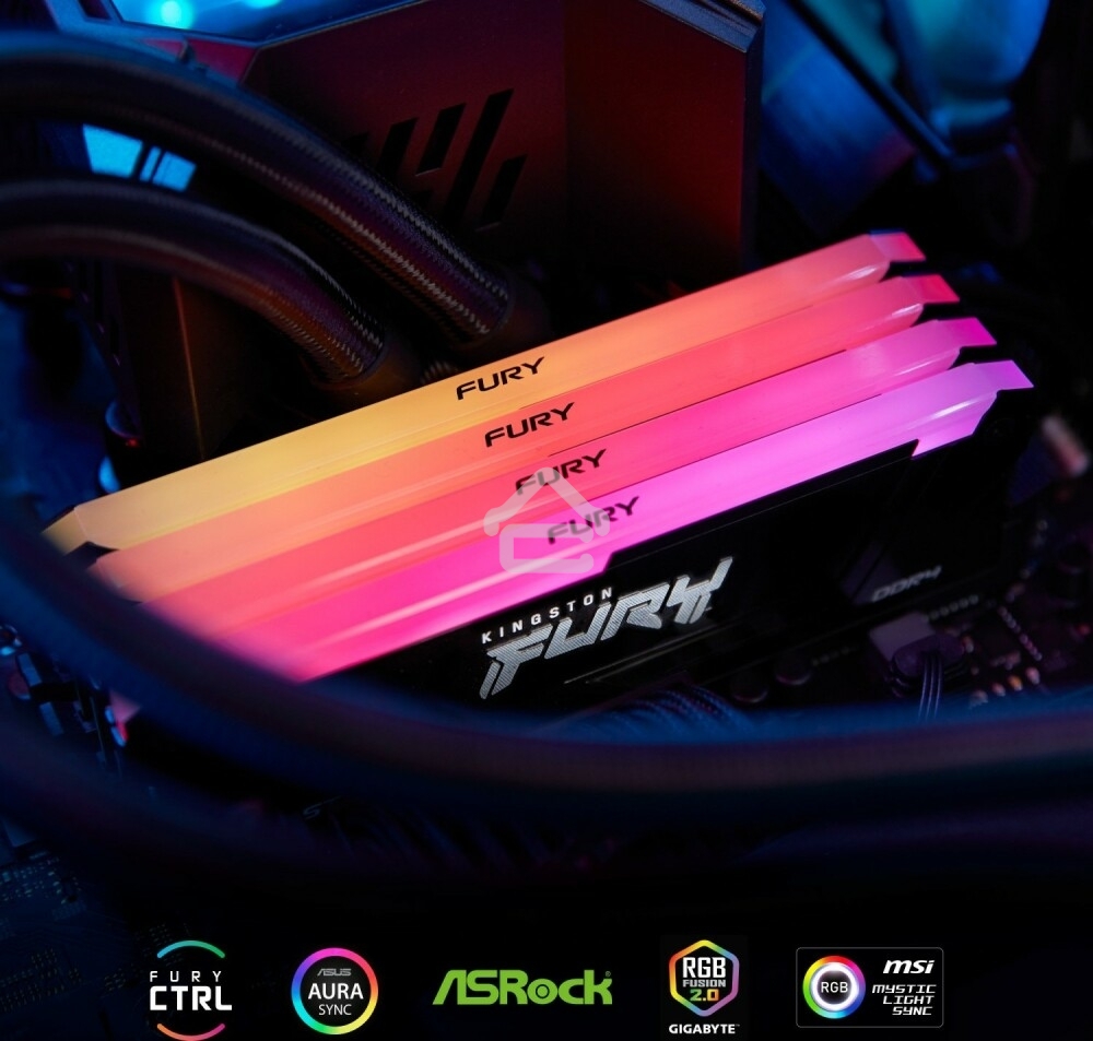 Оперативная память Kingston Fury Beast, DDR4, 32GB (2x16GB), 3600MHz, CL18, DIMM, с радиатором, RGB, черный