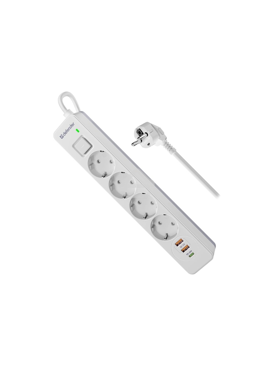 Удлинитель с сетевым фильтром Defender DFS 141, белый, 4розетки, USB+TypeC, 1.5 м.