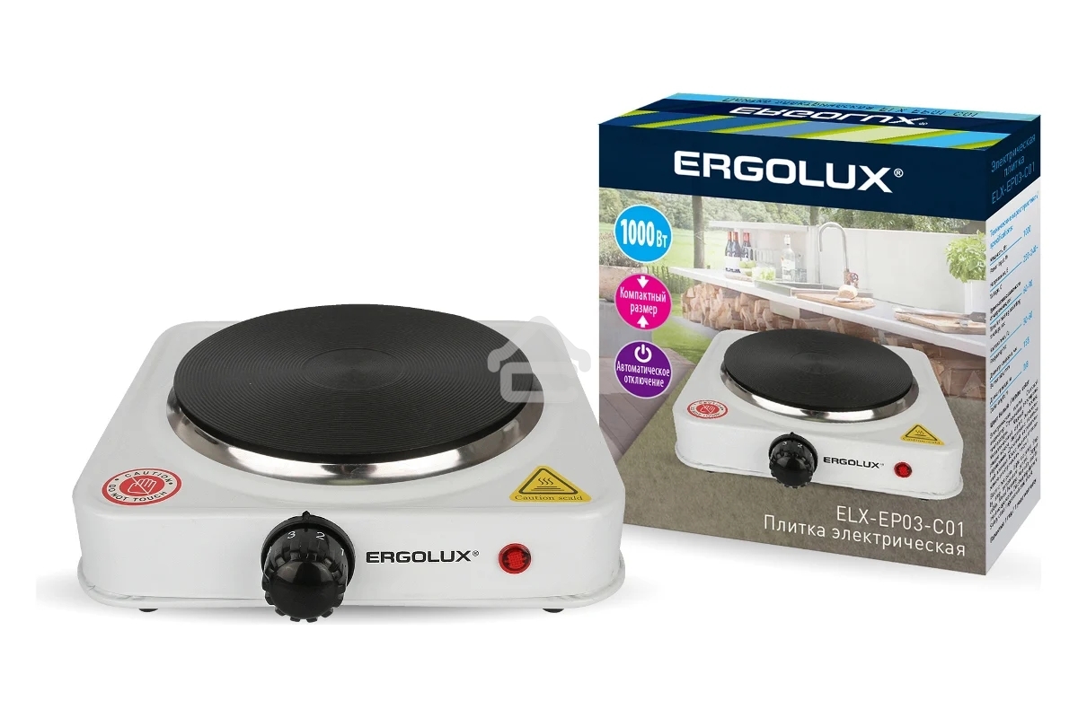 Плита настольная электрическая Ergolux ELX-EP03-C01 1 конф., дисковый нагр. эл., 1000 Вт 220-240В белый