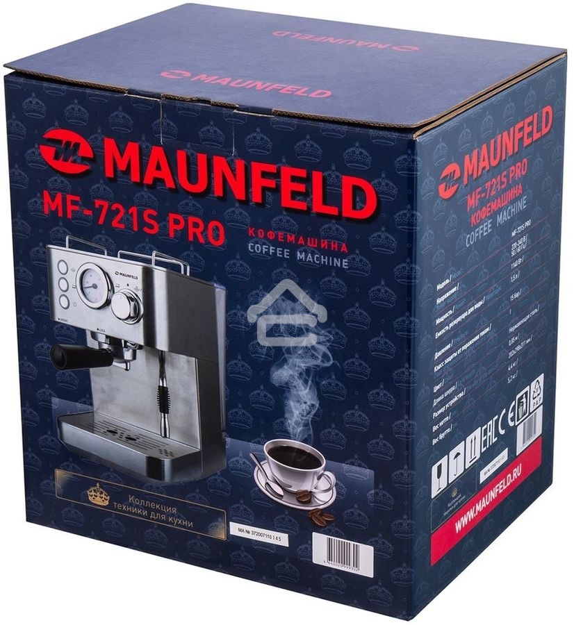 Кофеварка рожковая Maunfeld MF-721S PRO нержавеющая сталь, исп. кофе - молотый/чалды, 1.5 л, 1140 Вт, 15 Бар.