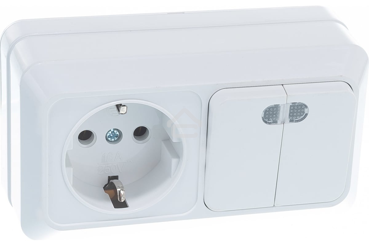 Блок ОП Олимп 2-кл. вык. с подсветкой + роз. с заземл. горизонт. бел. UNIVersal О0037